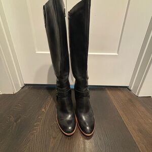 Kork-ease Harley tall leather boots, black, sz 6.5, wedge heel